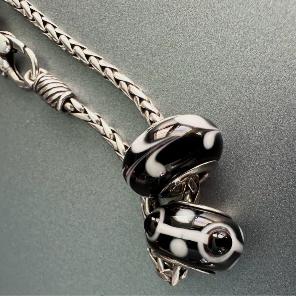 925 Silver Bracelet Charms Black & White Art Glass Slider Beads SET of 2
